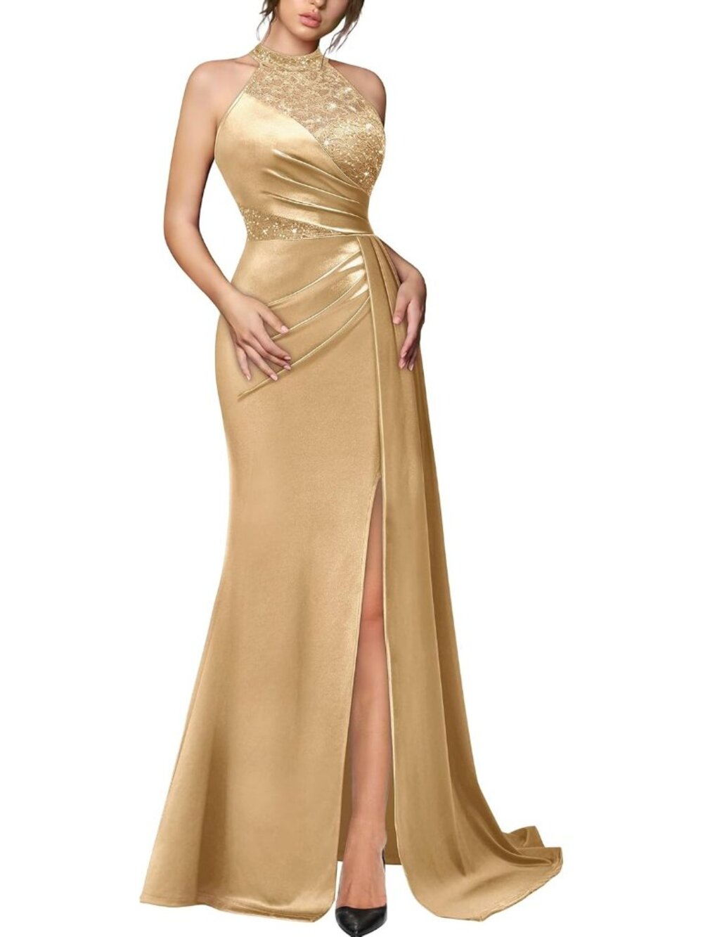 Women's Golden Halter Neck Sequin Lace Sleeveless Cocktail Bodycon Maxi Dress